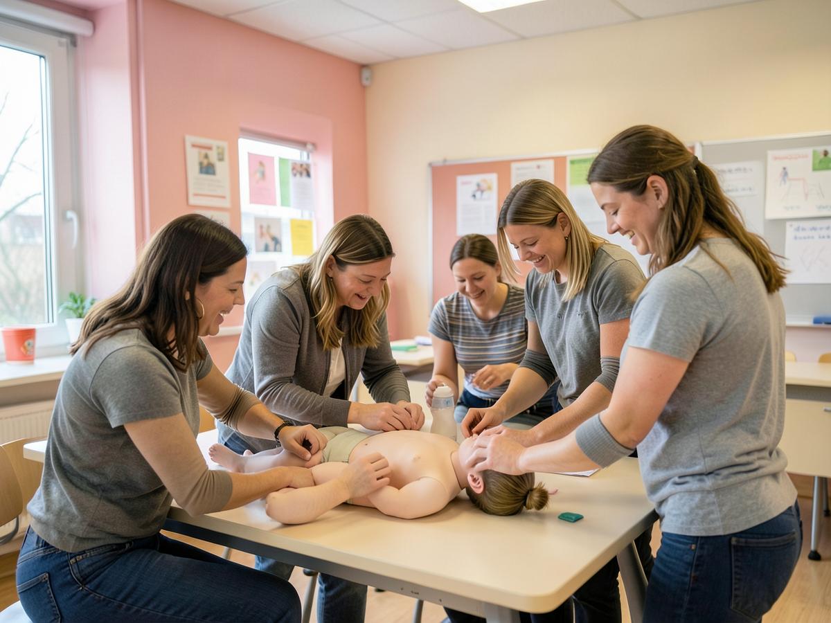 Studenten oefenen babyverzorging in een moderne MBO-klas